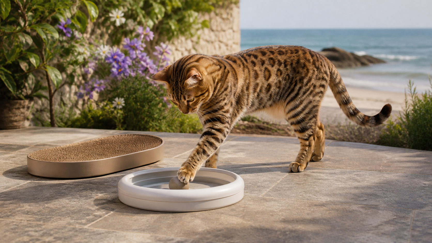 CGI cat playing with a circular ball track