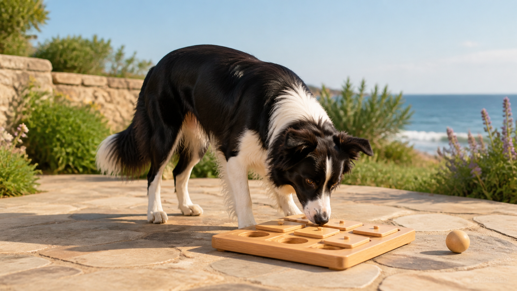 CGI border collie using a ground-level enrichment puzzle
